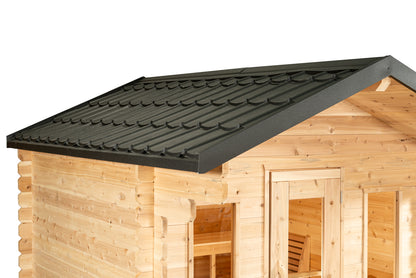 Wooden sauna with a black roof on a white background