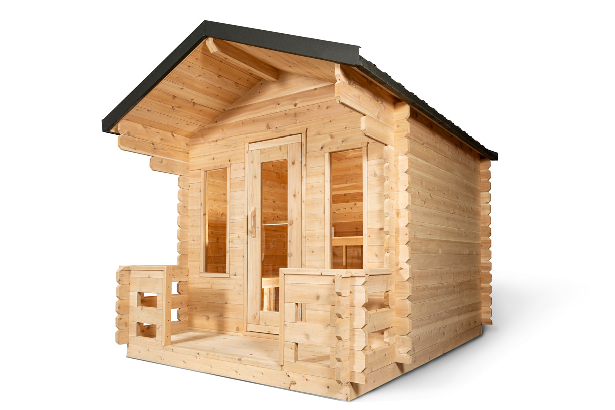 Wooden sauna with a black roof on a white background