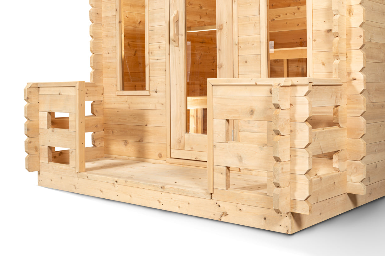 Wooden sauna with porch on white background