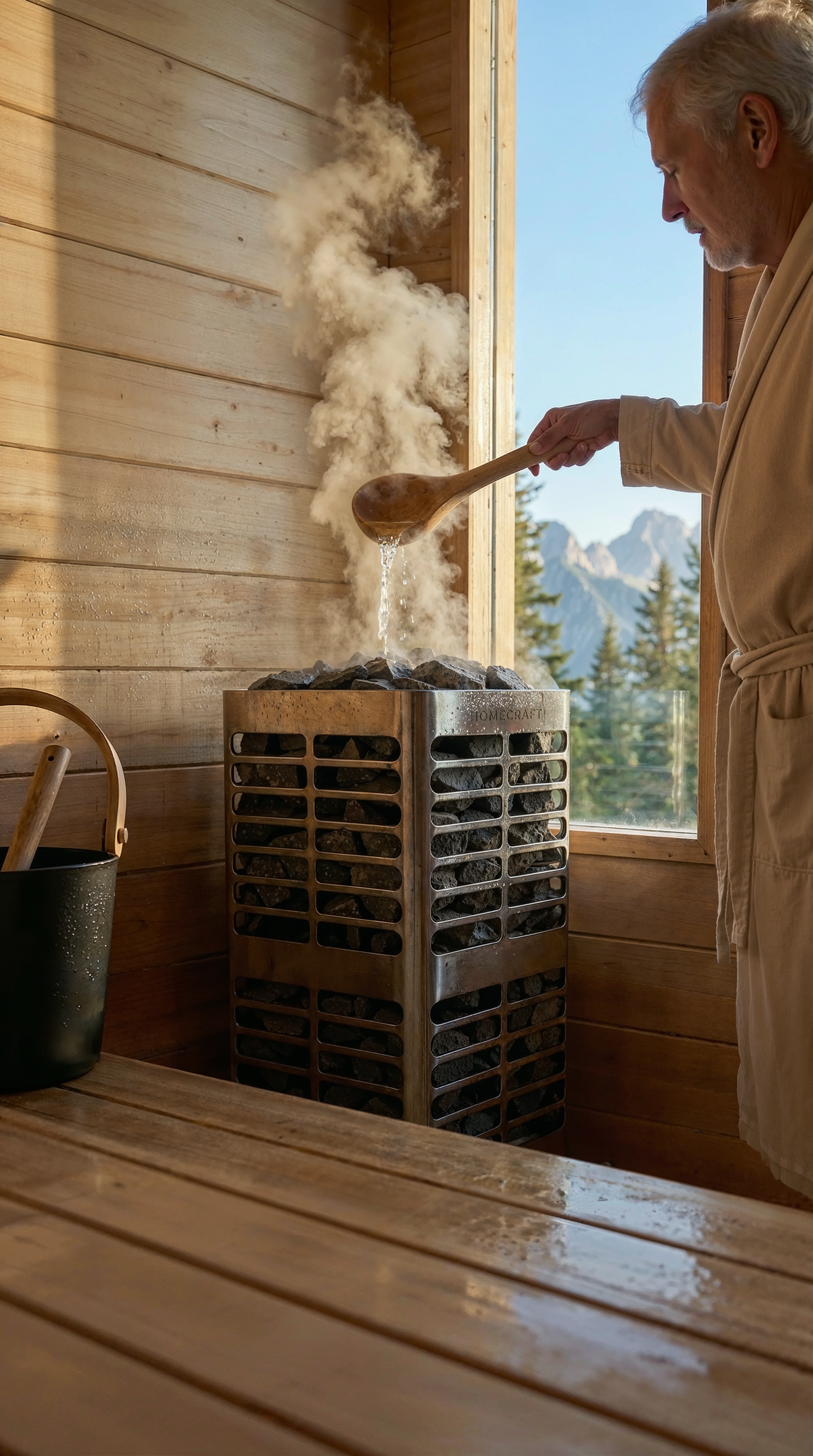 Man in a sauna using a wooden ladle with steam rising from a metal container of hot rocks, mountains visible through a window.