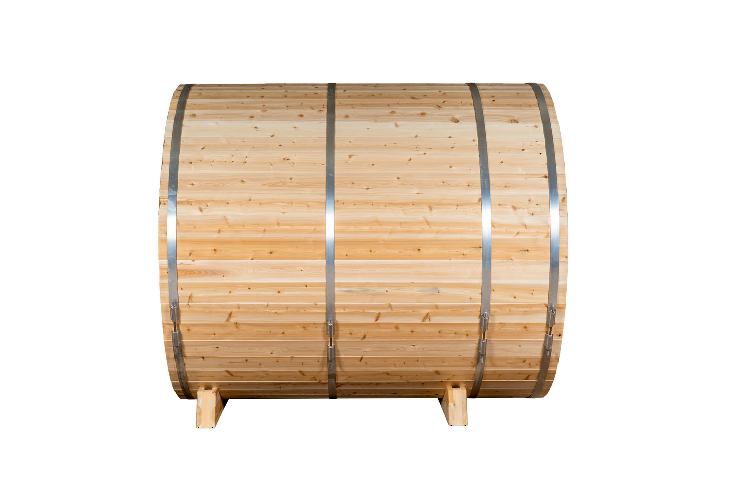 Wooden barrel with metal bands on a white background