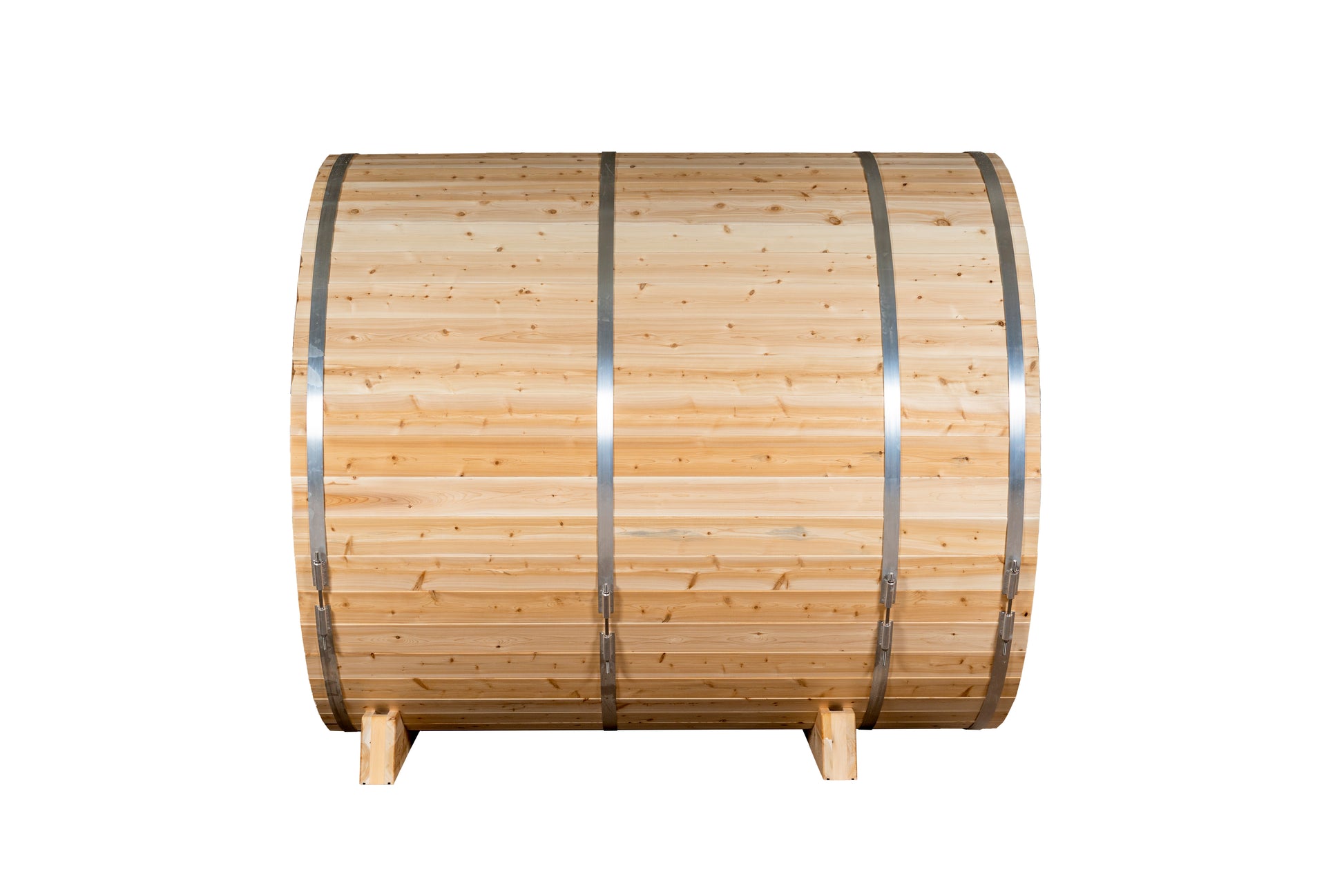 Wooden barrel with metal bands on a white background