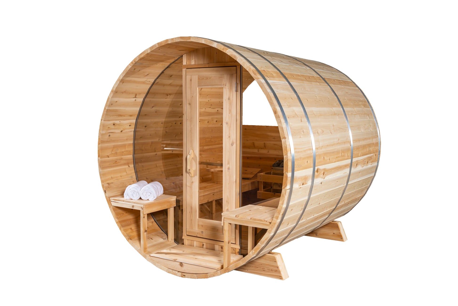 Wooden barrel-shaped sauna with interior seating on a white background