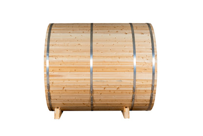 Wooden barrel with metal bands on a white background