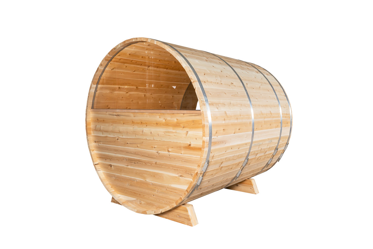 Wooden barrel-shaped sauna on a white background