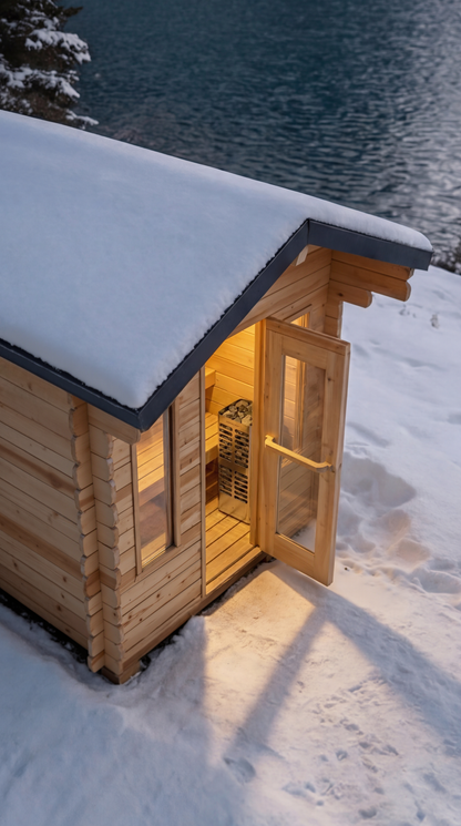 Wooden sauna with snow on the roof, illuminated from inside, surrounded by a snowy landscape.