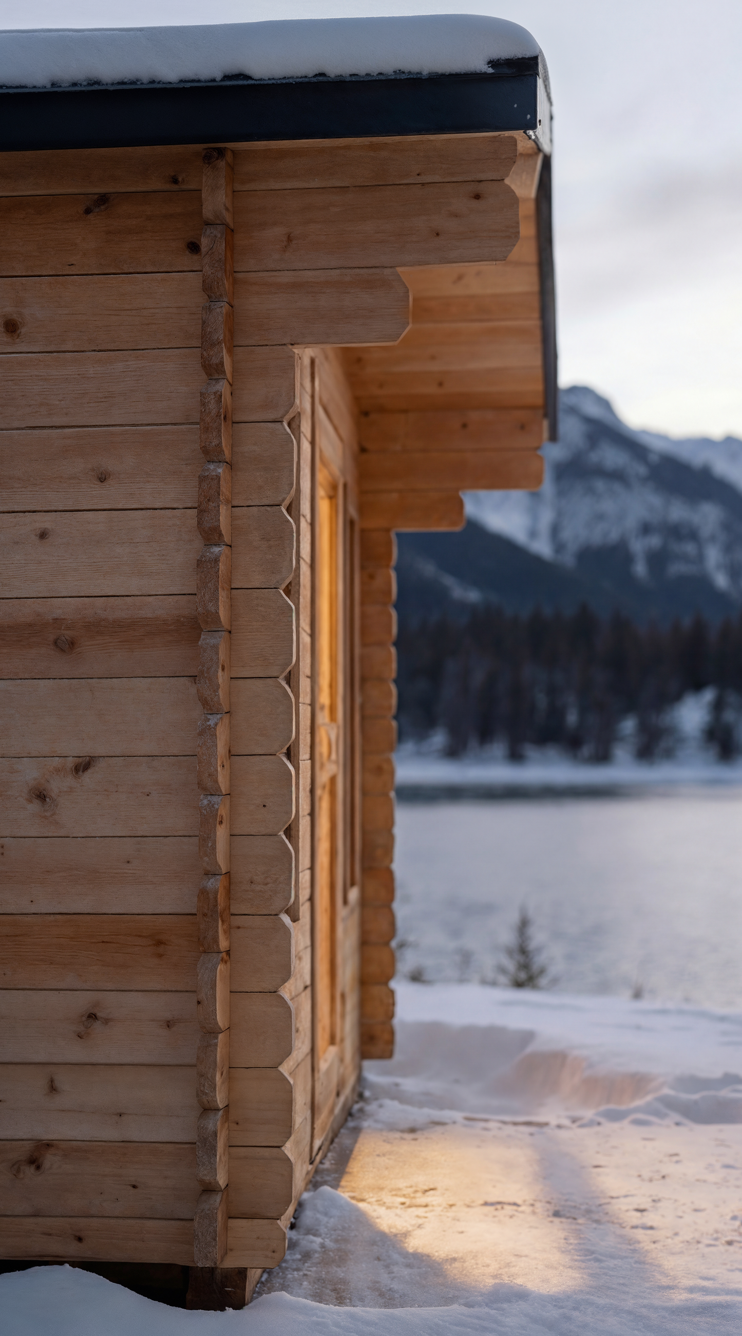 Cedar wood sauna in a snowy landscape with mountains in the background