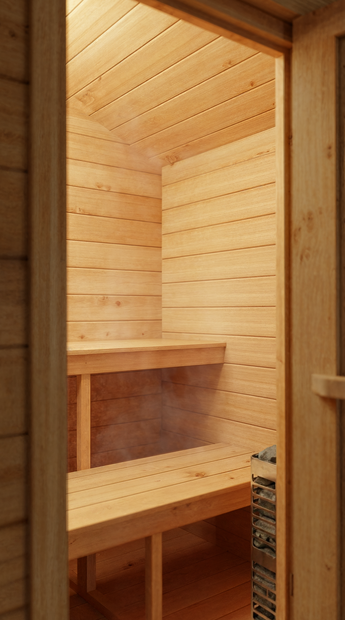Wooden sauna with bench and steam rising