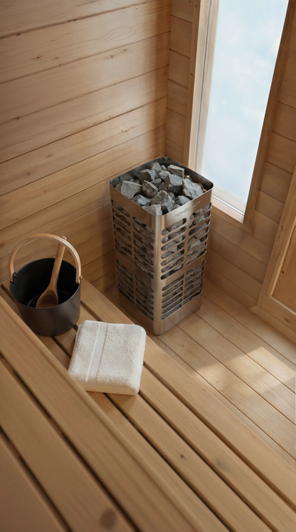 Wooden sauna interior with a bench, electric heater with stones, water bucket with wooden spoon and terry cloth white towel. 